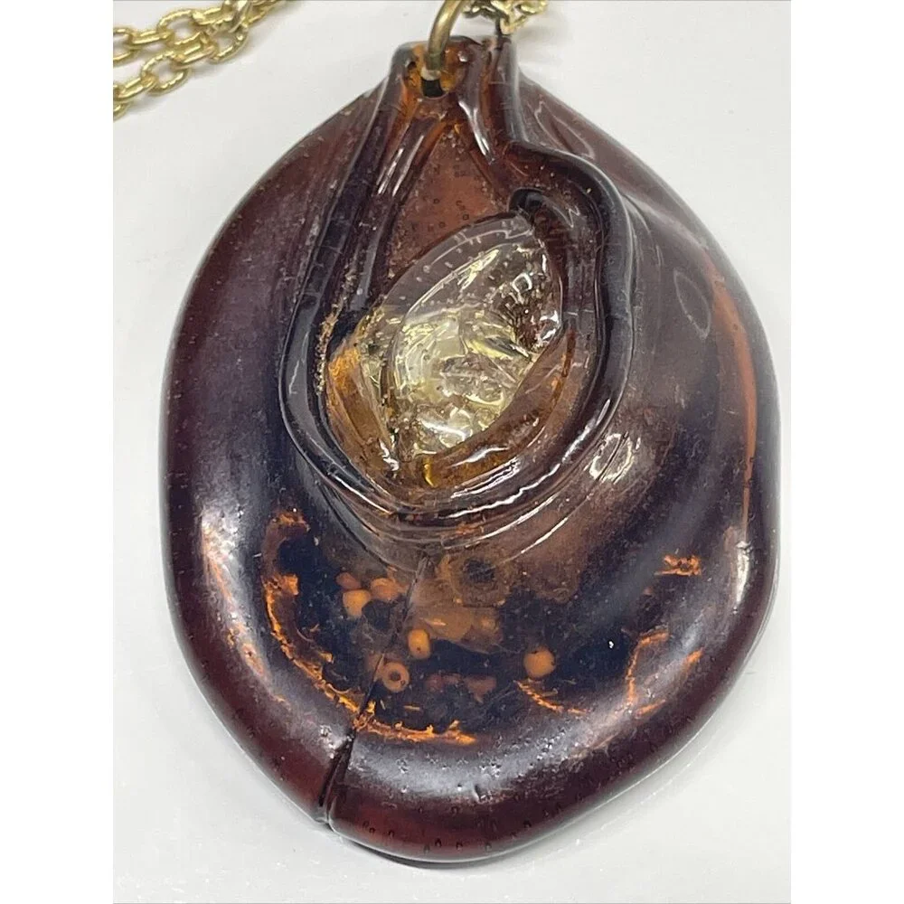 Unique Faux Amber Plastic Pendant Necklace w/ beads embedded 24” Gold Tone Chain